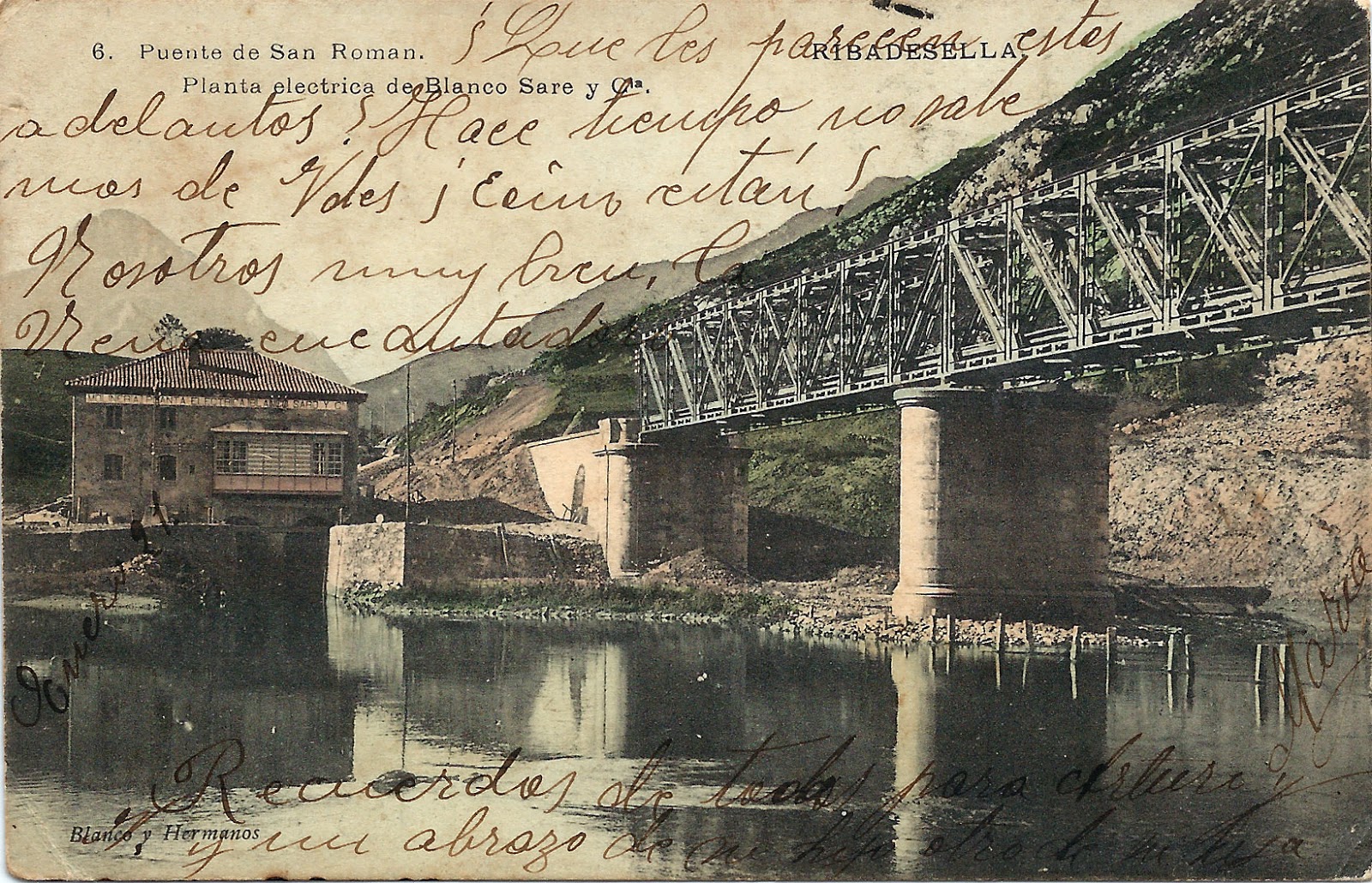 Postal puente de San Román, planta eléctrica de Blanco Sare, Ribadesella