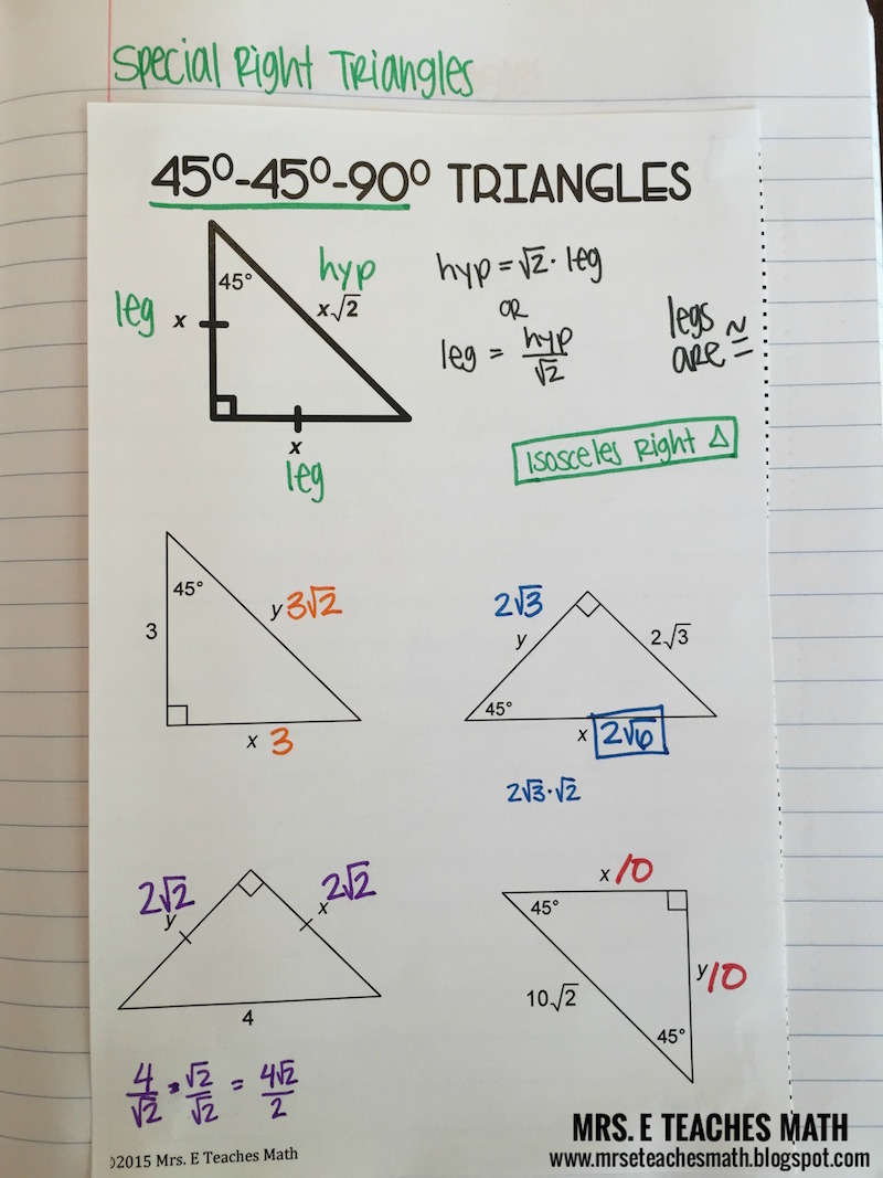 Right Triangles Interactive Notebook Pages  Mrs. E Teaches Math Intended For Special Right Triangles Worksheet