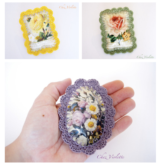 Spring bouquet flowers brooch with edging lace handmade by Chez Violette - http://chezviolette.etsy.com