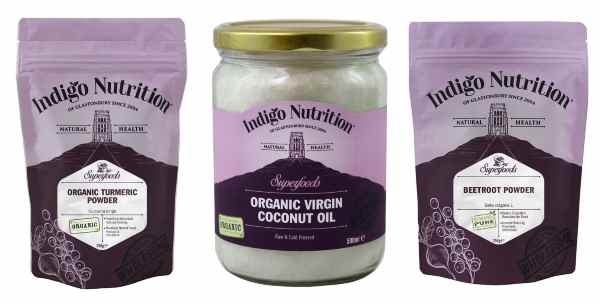Organic turmeric, beetroot powder and coconut oil from Indigo Herbs Organic turmeric, beetroot powder and coconut oil from Indigo Herbs