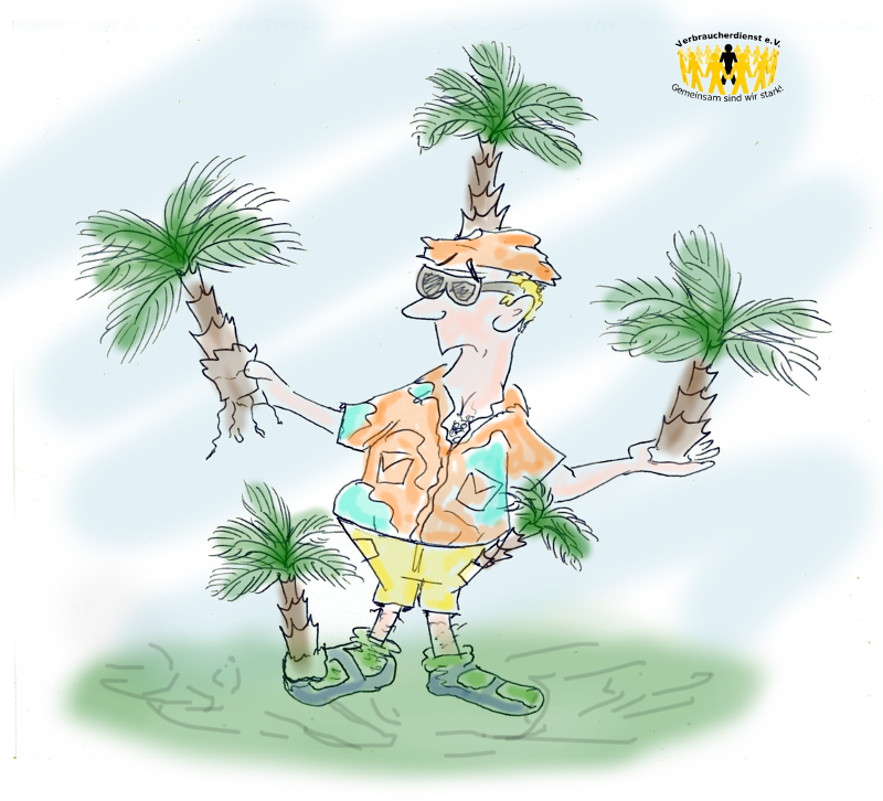 Karikatur Anleger mit Palmen ohne Grund Zeichnung einer Karikatur eines Agrar-Kapitalanleger