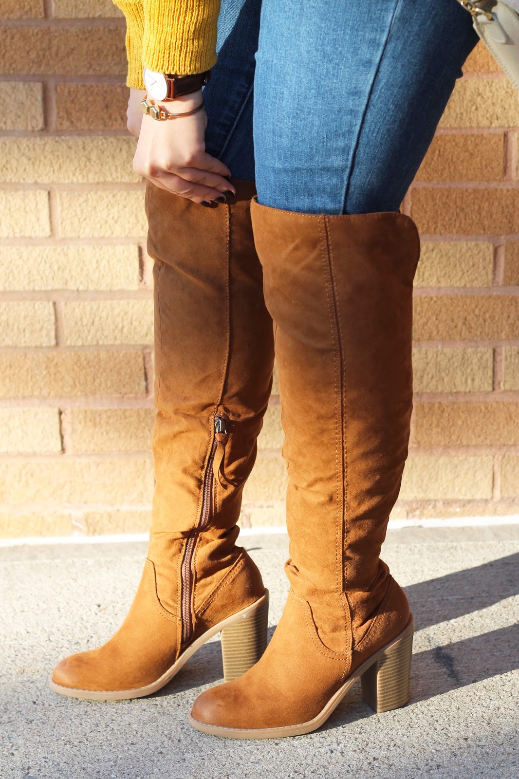 Mustard Yellow Pullover Sweater and Brown Over the Knee Boots. New