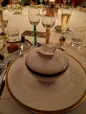 Covered dish containing the first course of our Nobel Prize dinner at Stadshuskällaren Restaurang at the Stockholm City Hall