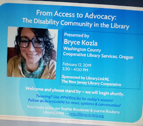 Picture of Bryce, a person with large teal glasses and curly hair, smiling. Text includes the the title of the webinar, date and time, and the sponsorship information. Thanks to LibraryLinkNJ.