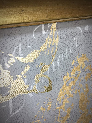gold leaf, chalk paint, IOD stencil, gray and gold, crackle, framed print