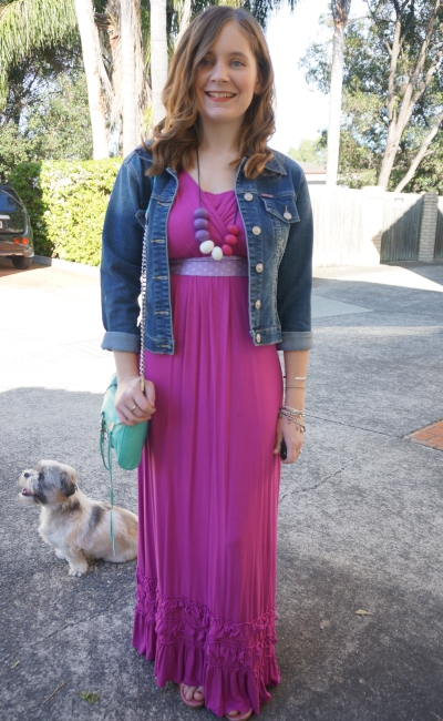 wearing a maxi dress in autumn with denim jacket, colourful easter outfit | Away From Blue