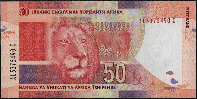 South Africa Currency 50 Rand banknote 2012 Transvaal Lion - The Famous Big Five animals of Africa