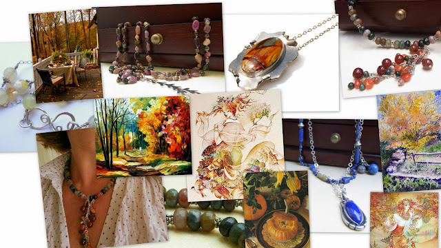 #autumn collage of paintings, #jewelry by #akvjewelry, and photos