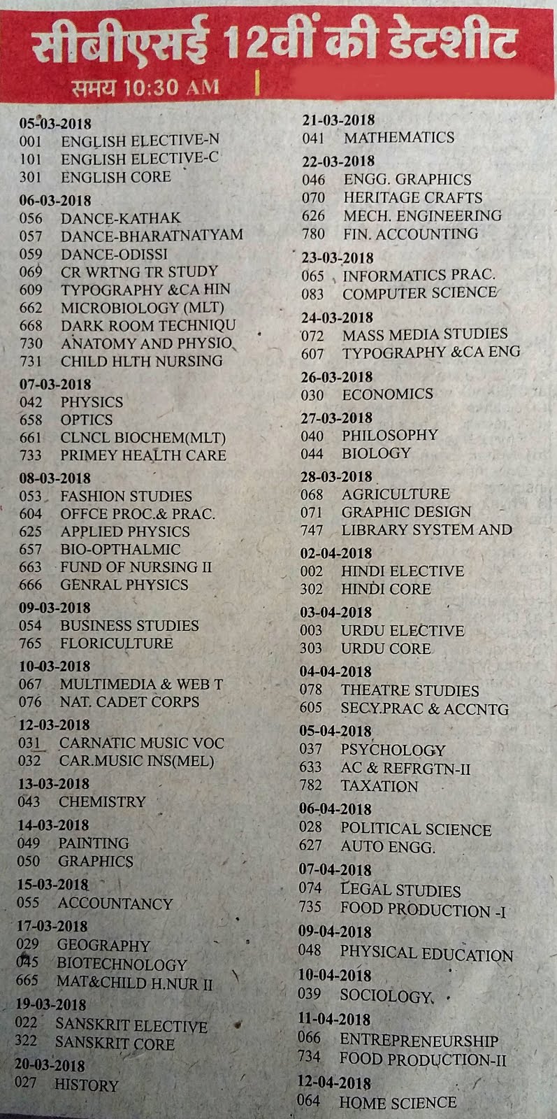 CBSE Board 12th Date Sheet CBSE Board 12th Date Sheet