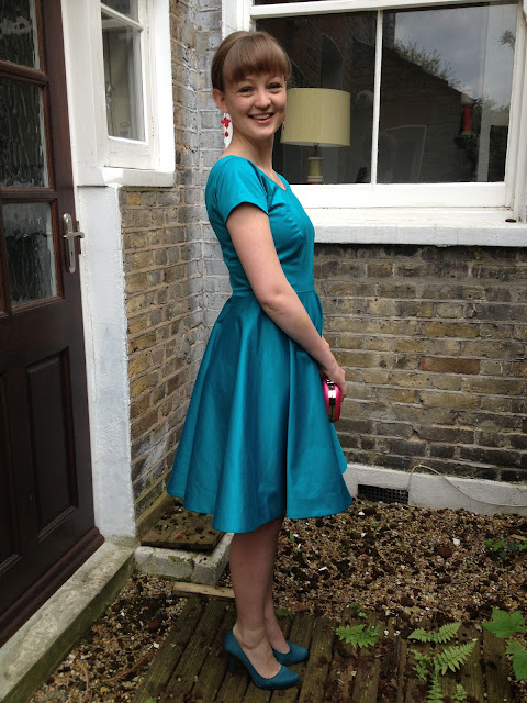 Diary of a Chainstitcher By Hand London Elisalex Dress Sewing Pattern with circle skirt made in Mood Fabrics teal cotton sateen