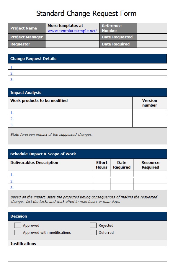 Standard Change Request Form Template Sample