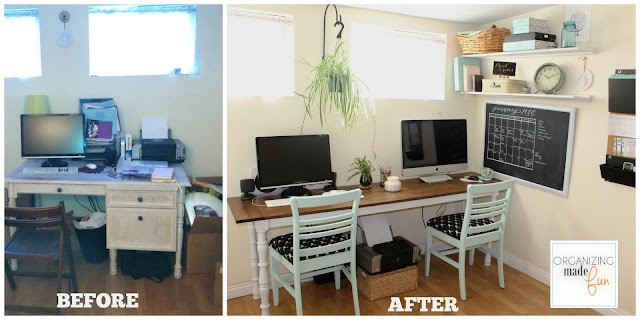 Before/After Adorable, Organized Home Office in a Small Rental Home :: OrganizingMadeFun.com