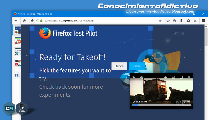 Firefox Test Pilot: Funciones experimentales de Firefox - Videos flotantes, Capturas de pantalla, Pestañas laterales, y más Firefox Test Pilot: Funciones experimentales de Firefox - Videos flotantes, Capturas de pantalla, Pestañas laterales, y más