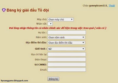 Đăng ký giải đấu tổ đội gunny Đăng ký giải đấu tổ đội gunny