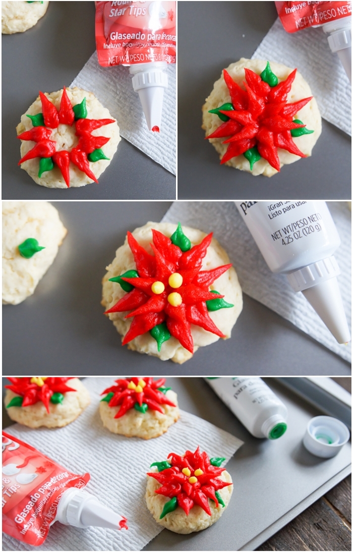 Sour Cream Pound Cake Poinsettia Cookies decorated with store-bought icing! | bakeat350.net