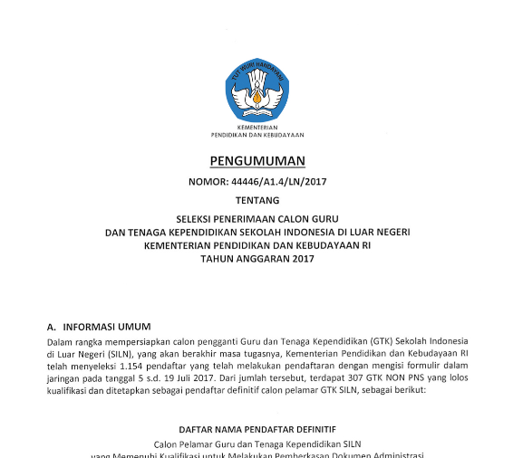 Hasil Seleksi Pendaftaran GTK LISN 2017 Hasil Seleksi Pendaftaran GTK LISN 2017