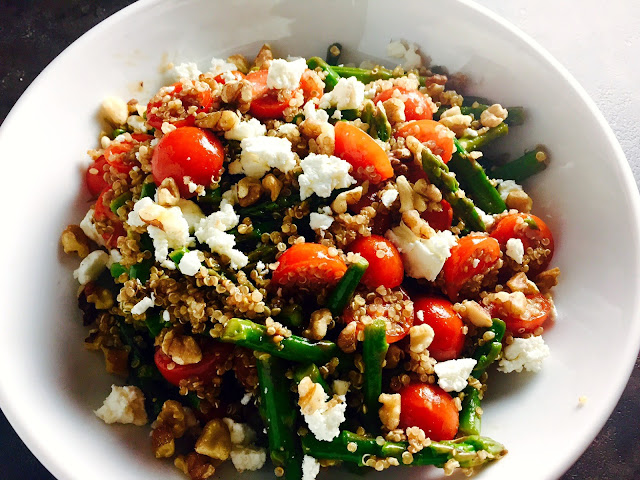 IN-SEASON, FRESH, CRISP vegetables are mixed with quinoa for texture and flavor, then topped with walnuts and feta for another layer of bold flavor. All of this is drizzled with a reduced balsamic glaze that is TO DIE FOR! Asparagus, Tomato, and Ancient Grain Salad - Slice of Southern