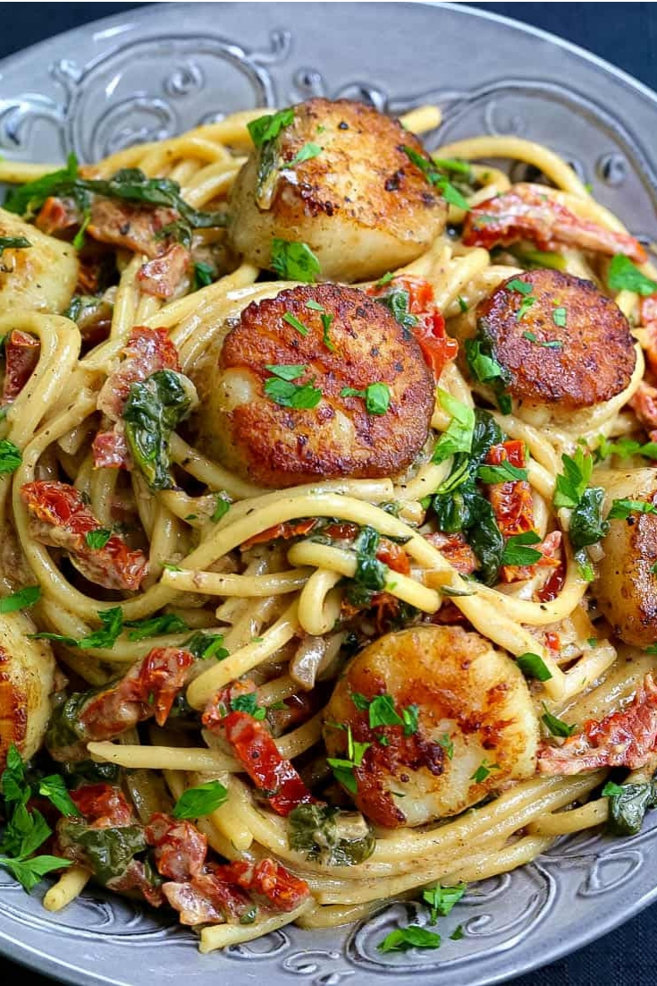Creamy Tuscan Spaghetti Sauce with Jumbo Scallops