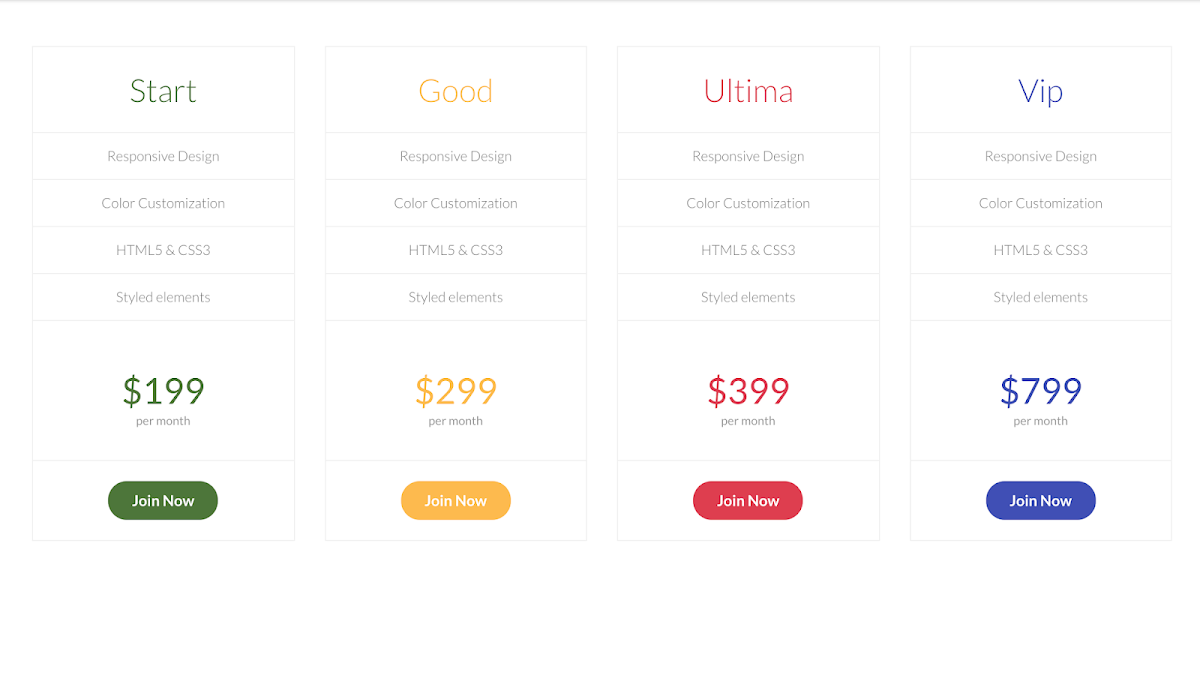 Colorful pricing table