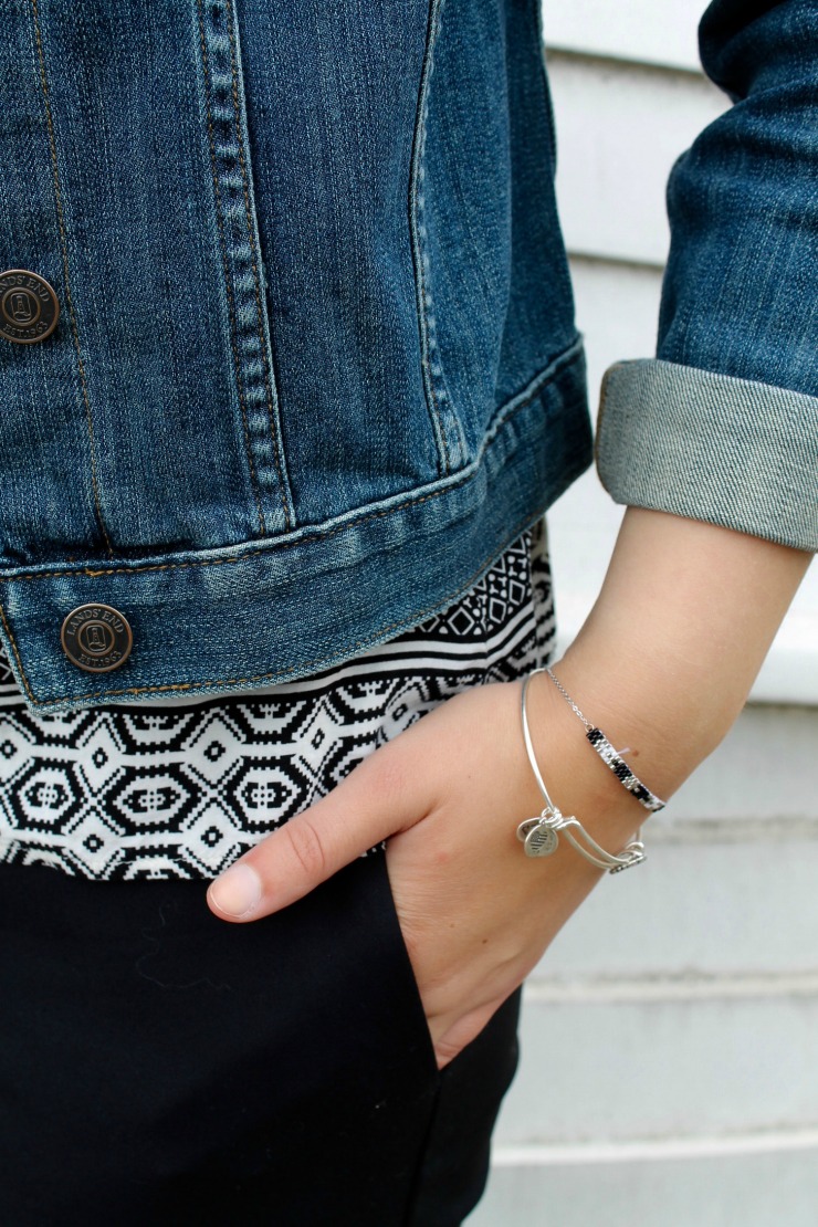 White sneakers, dress pants, printed shirt and denim jacket #ootd