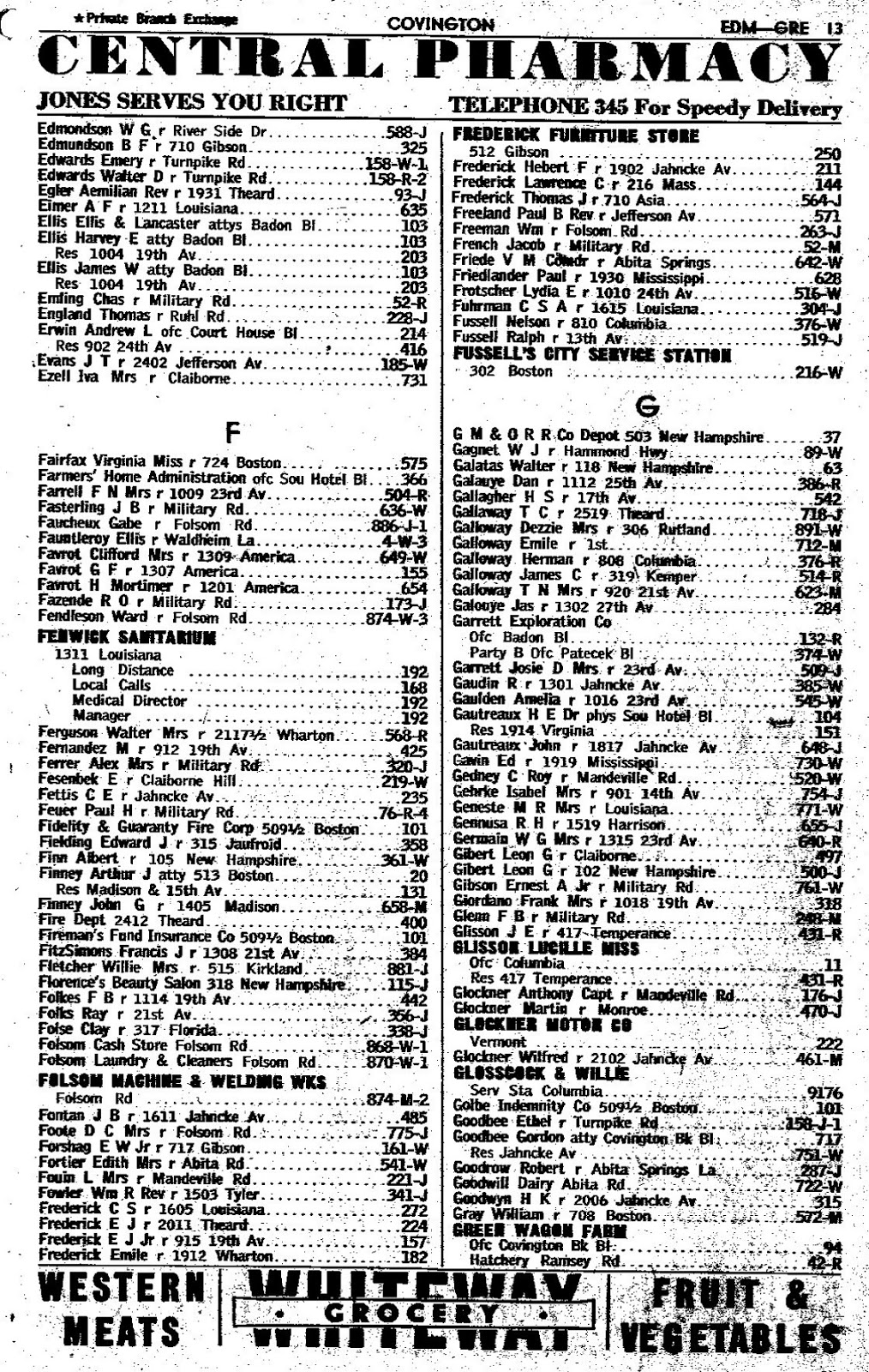 Tammany Family Covington Phone Book 1947 First Half