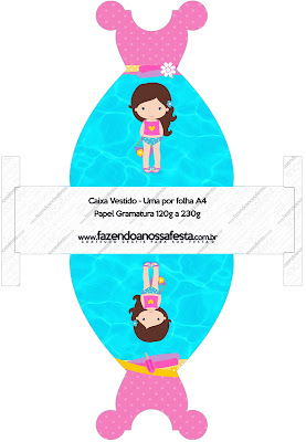 Fiesta en la Piscina para Niña Morena: Cajas para Imprimir Gratis. Este es para cajas con forma de vestido,
