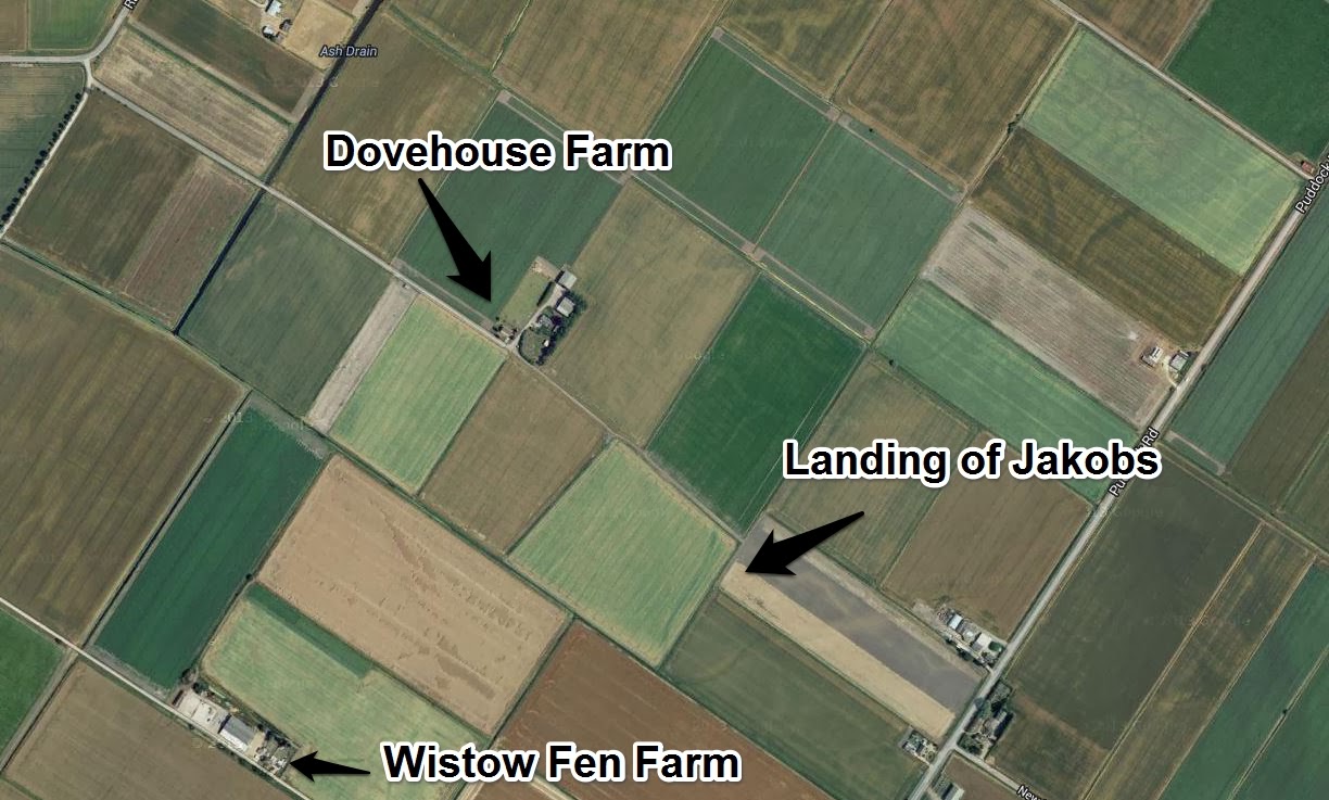 Google Map - satellite view - showing locations of Dovehouse Farm, Wistow Fen Farm and landing site of Josef Jakobs Google Map - satellite view - showing locations of Dovehouse Farm, Wistow Fen Farm and landing site of Josef Jakobs