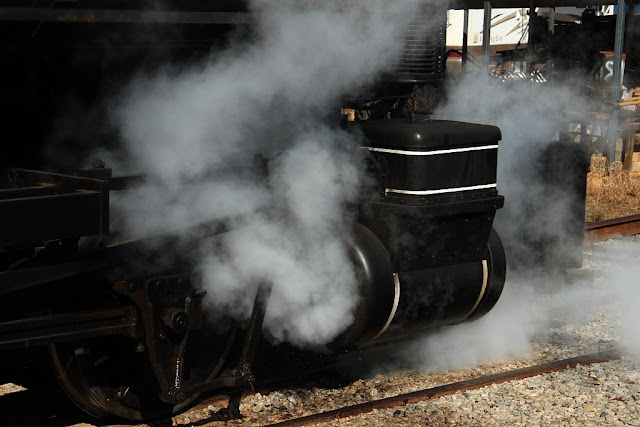 The train steams
