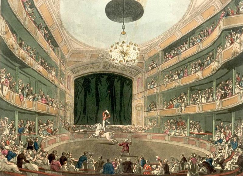 Astley's Ampitheatre in London as drawn by Thomas Rowlandson and Augustus Pugin for Ackermann's Microcosm of London (1808-11)