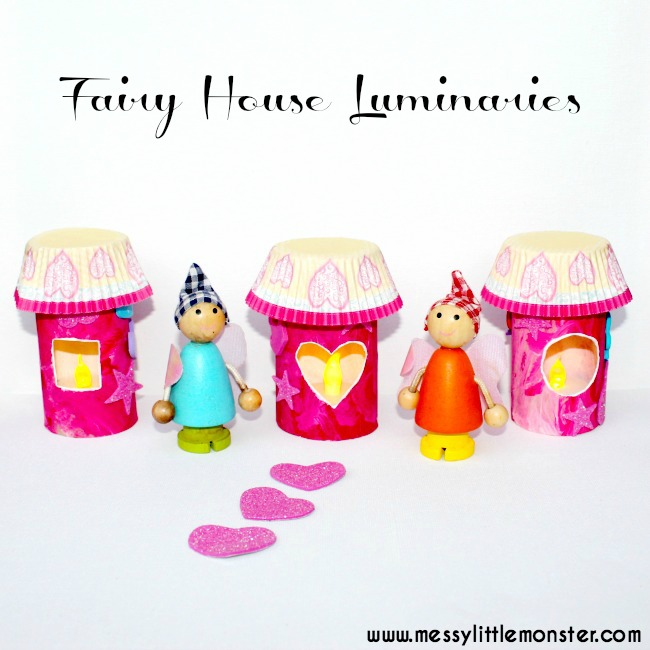 DIY fairy house luminaries for kids.  A simple toddler and preschool craft using recycled toilet rolls and cupcake cases. Follow our simple instructions to see how to make and play with these cute DIY toys.