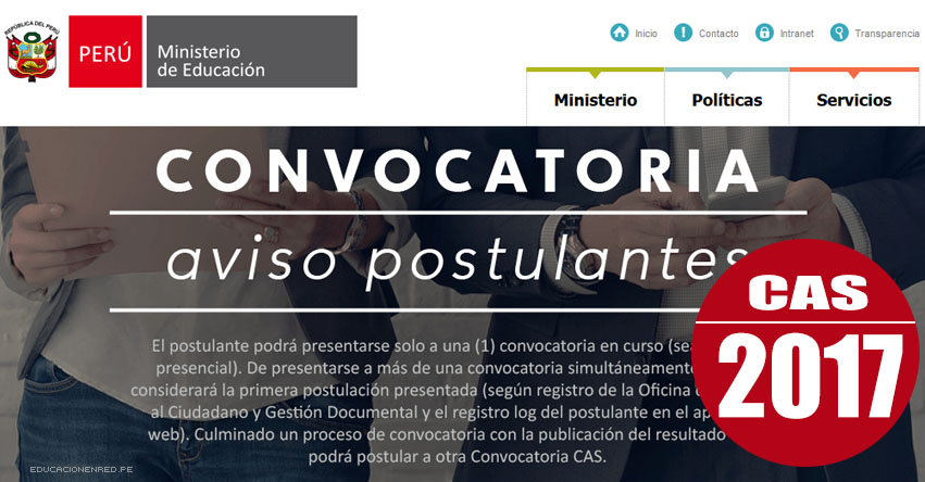 MINEDU: Convocatoria CAS Abril 2017 - Puestos de Trabajo en el Ministerio de Educación (Inscripción hasta el 21 Abril) www.minedu.gob.pe MINEDU: Convocatoria CAS Abril 2017 - Puestos de Trabajo en el Ministerio de Educación (Inscripción hasta el 21 Abril) www.minedu.gob.pe