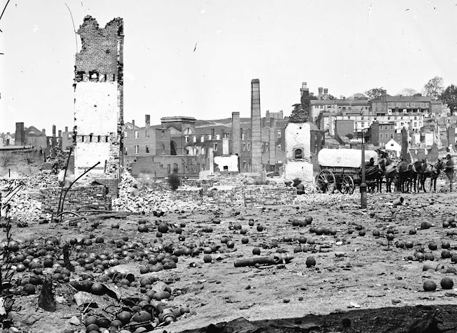 Grounds of the destroyed Arsenal with scattered shot and shell in Richmond, Virginia, in 1865.