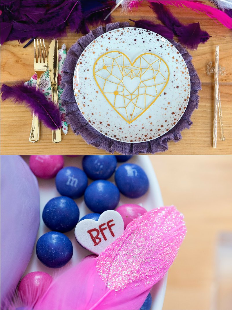 A Sweet Bohemian Valentine's Day Party - beautifully styled ideas, tabletop decor, sweet treats and photo booth ideas in pink, purple and gold! via BirdsParty.com @birdsparty #valentinesday #bohemianparty #bohemianbirthday #partyideas #pinkgoldparty