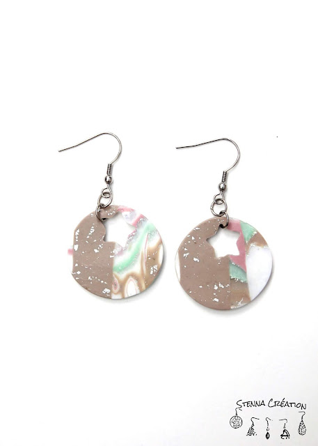 Boucles d'oreilles pâte polymère Mokume Gane Blanc Rose Antique Taupe Vert Feuilles d'Argent Stenna Création