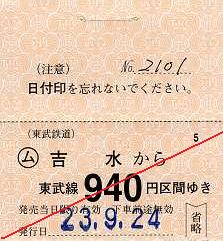東武鉄道 常備軟券乗車券20 佐野線 吉水駅