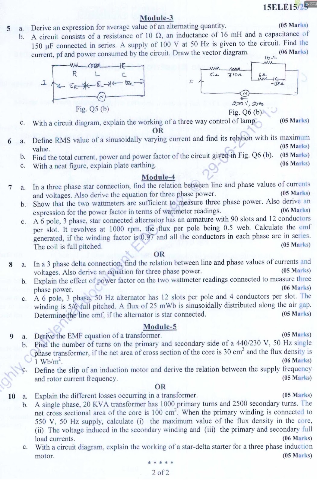 VTU BE 1st Year Question Paper BASIC ELECTRICAL ENGINEERING (June
