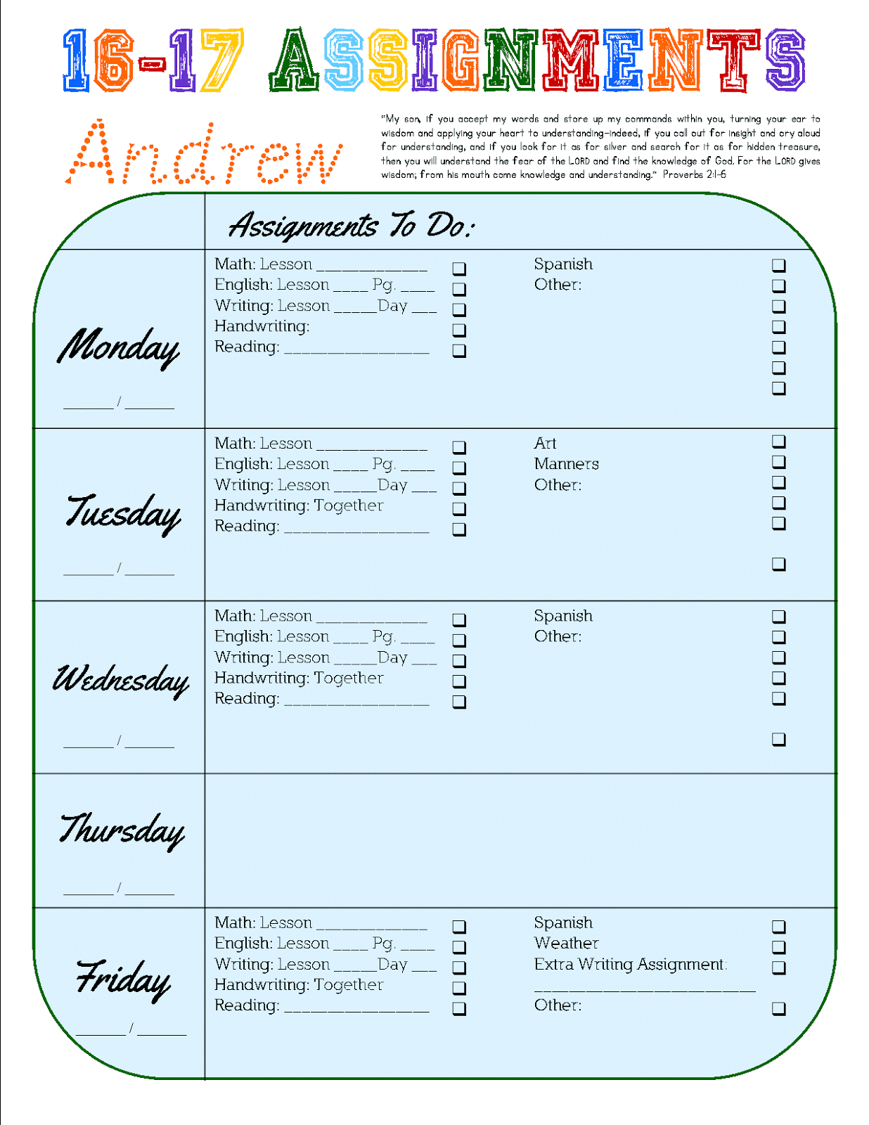 printable weekly assignment sheets for students