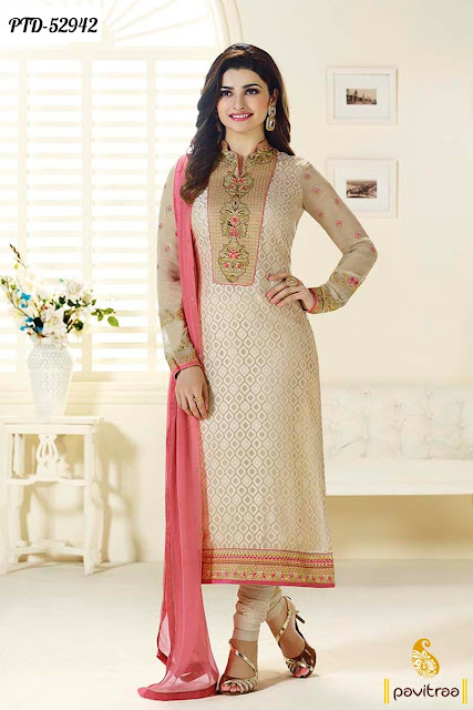 cream color chiffon stylish Prachi Desai special bollywood salwar suit 2016 online shopping at low cost in India
