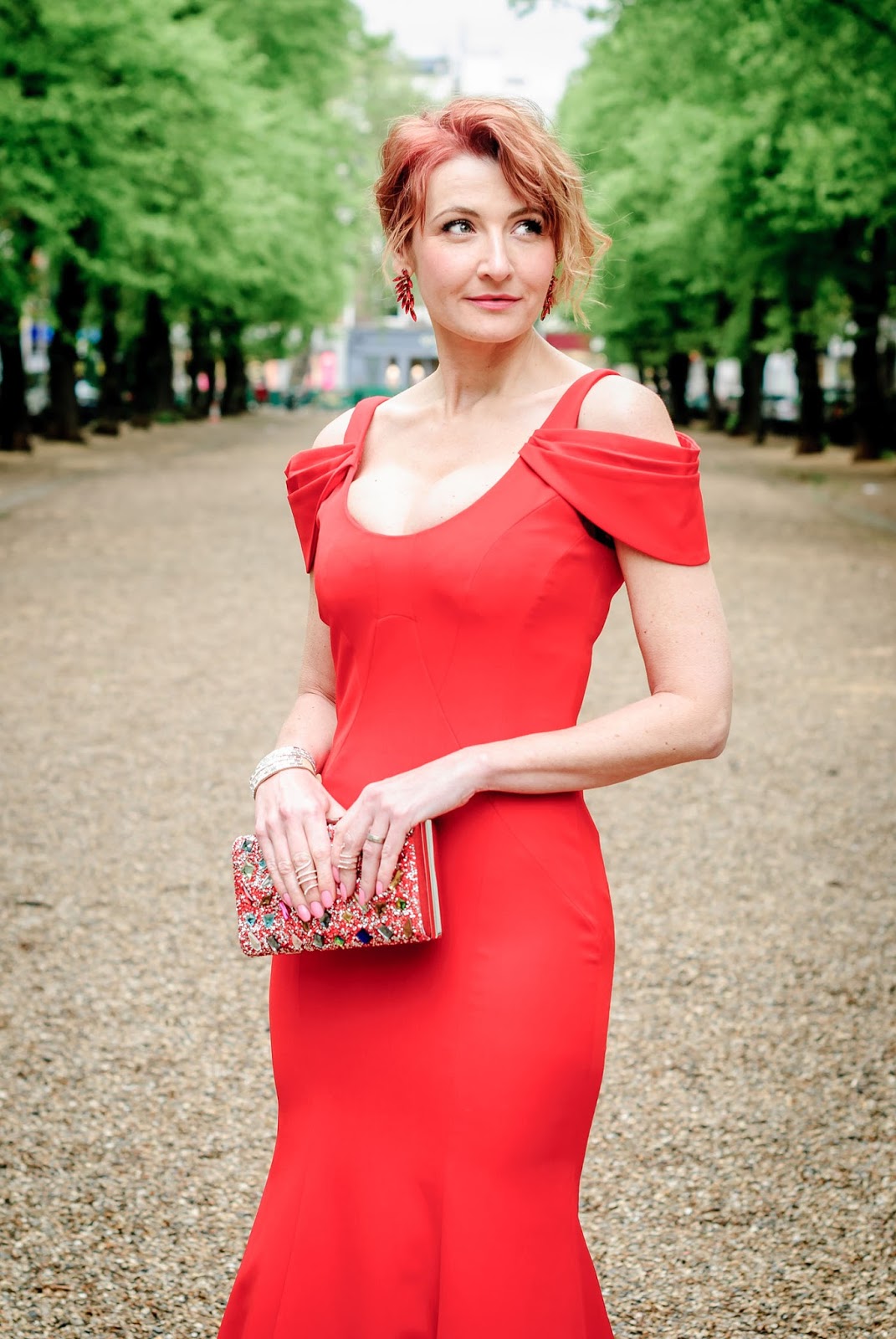 Awards ceremony outfit - Long red fitted gown with shoulder detail crystal embellished box clutch red crystal earrings | Not Dressed As Lamb, over 40 style