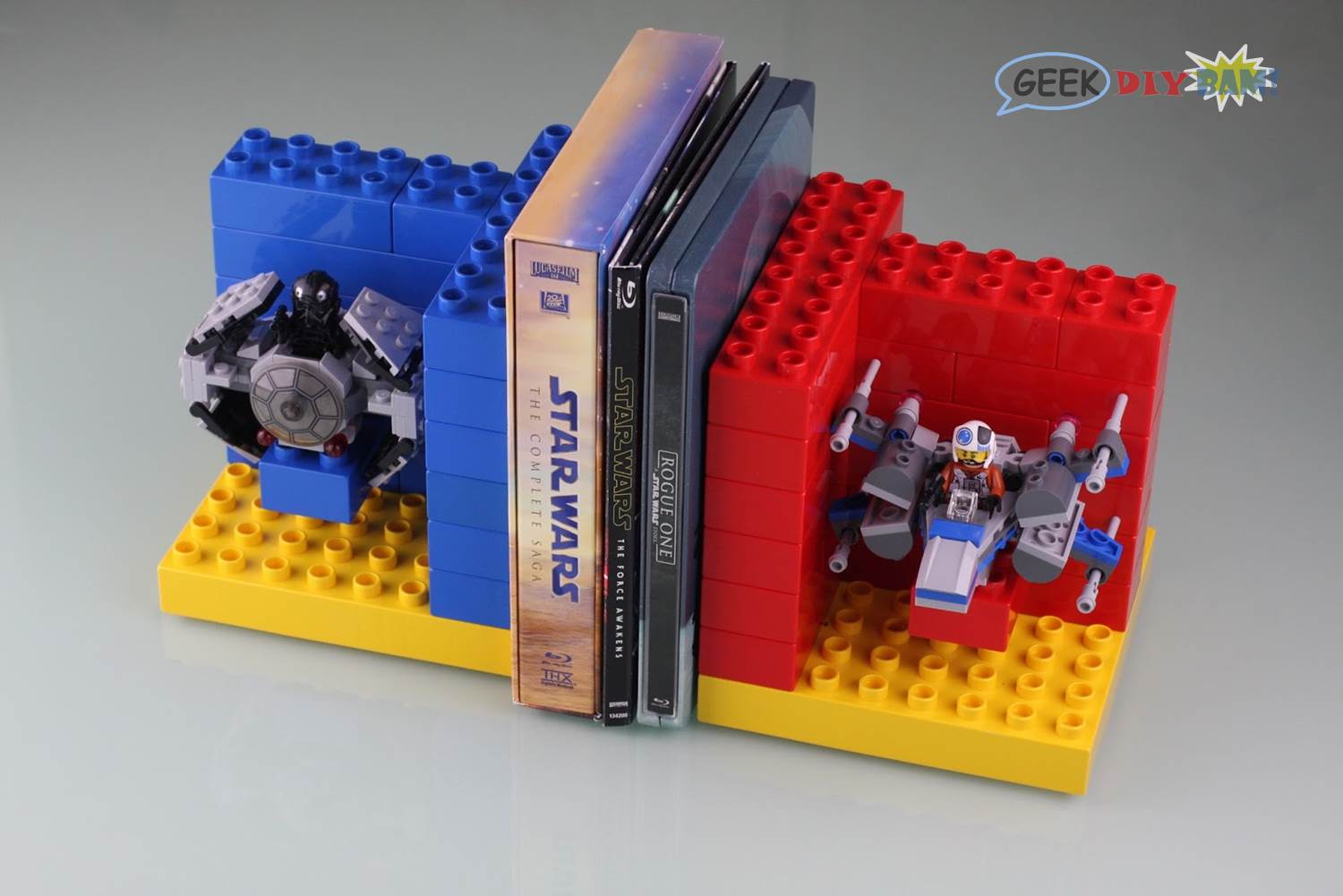 GEEK DIY BAM! STAR WARS LEGO MICROFIGHTER BOOKENDS BLURAY DISPLAY