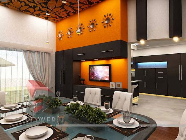 Dinning Area Interior Design with Sun Color for wall/wallpaper