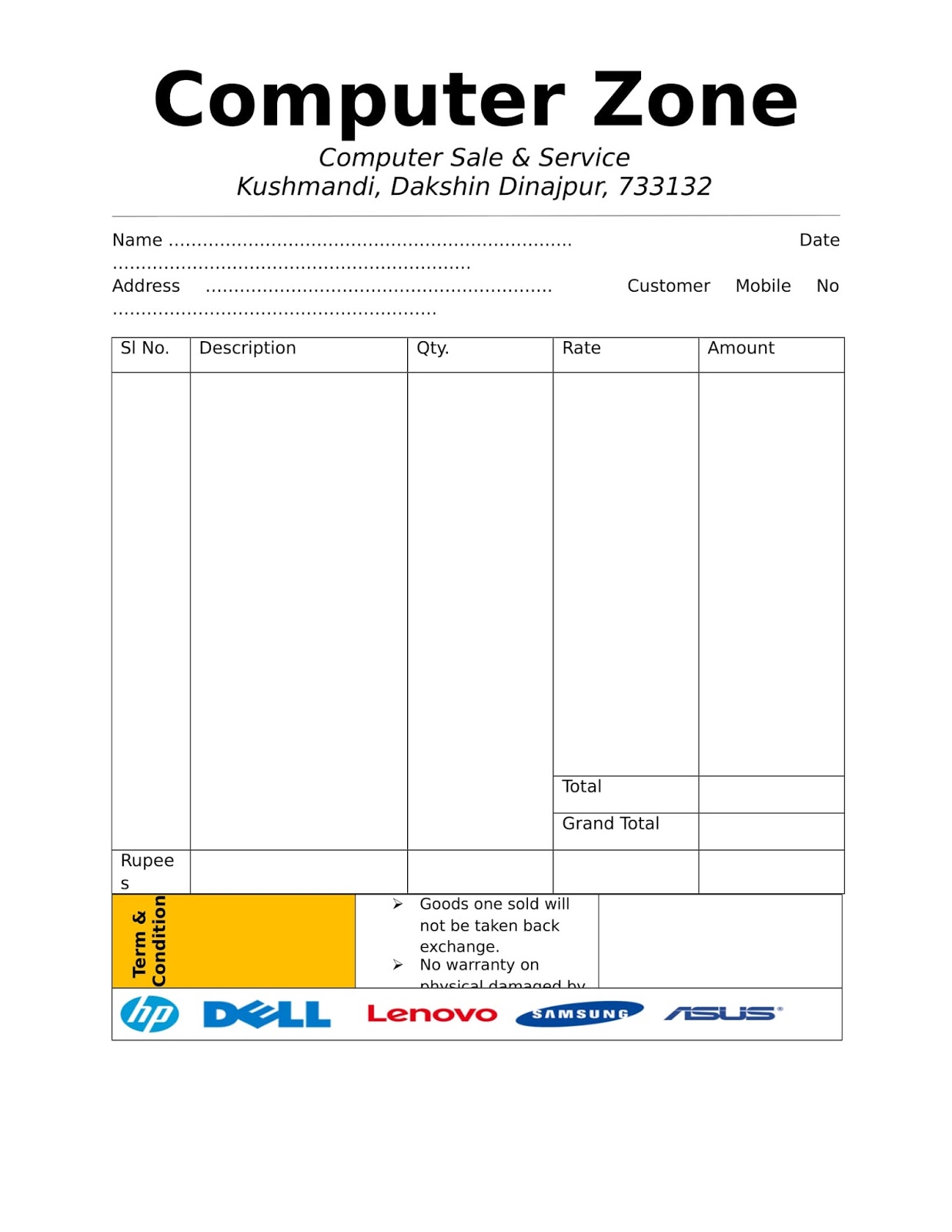 Simple Invoice Format Bill Format Word PDF Image Format
