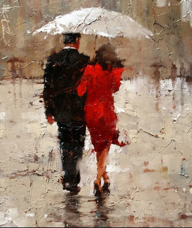 Andre Kohn 1972 | Russian-born Figurative Impressionist painter | White umbrellas