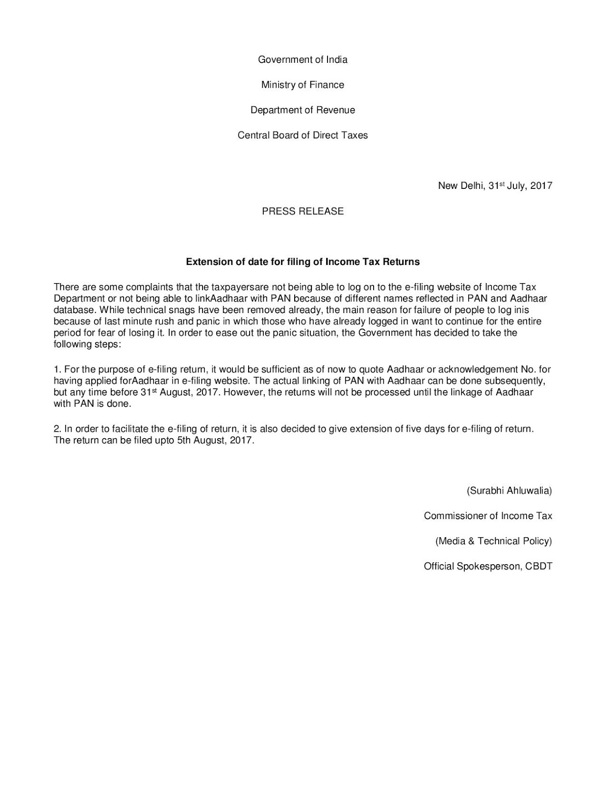 Extension of date for filing of Tax Returns