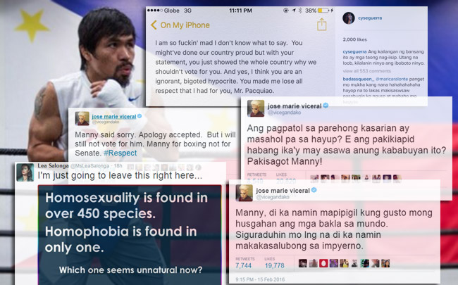 Manny Pacquaio apologized after raking criticism from the offended LGBT community. Manny Pacquaio apologized after raking criticism from the offended LGBT community.