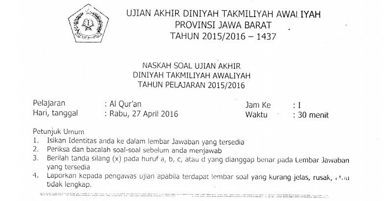 Soal Ujian Diniyah Takmiliyah Awaliyah Doc Galeri Soal