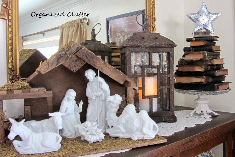Stacked Bible Christmas Tree & the Nativity Set www.organizedclutterqueen.blogspot.com