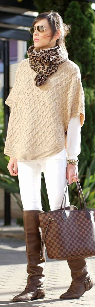 Women's fashion cream cape sweater and animal prints scarf | Just a ...