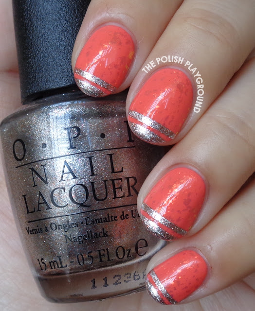 Coral Flakie with Stripe Tips Nail Art