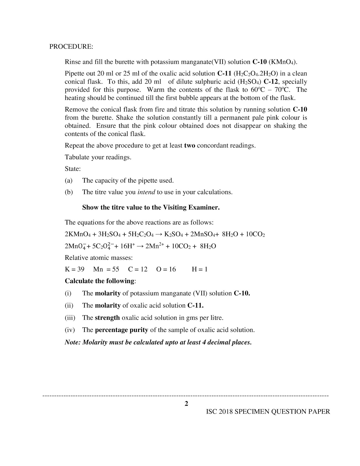 isc 2018 class XII Chemistry Practical paper-2 specimen question paper isc 2018 class 12th Chemistry Practical Sample paper
